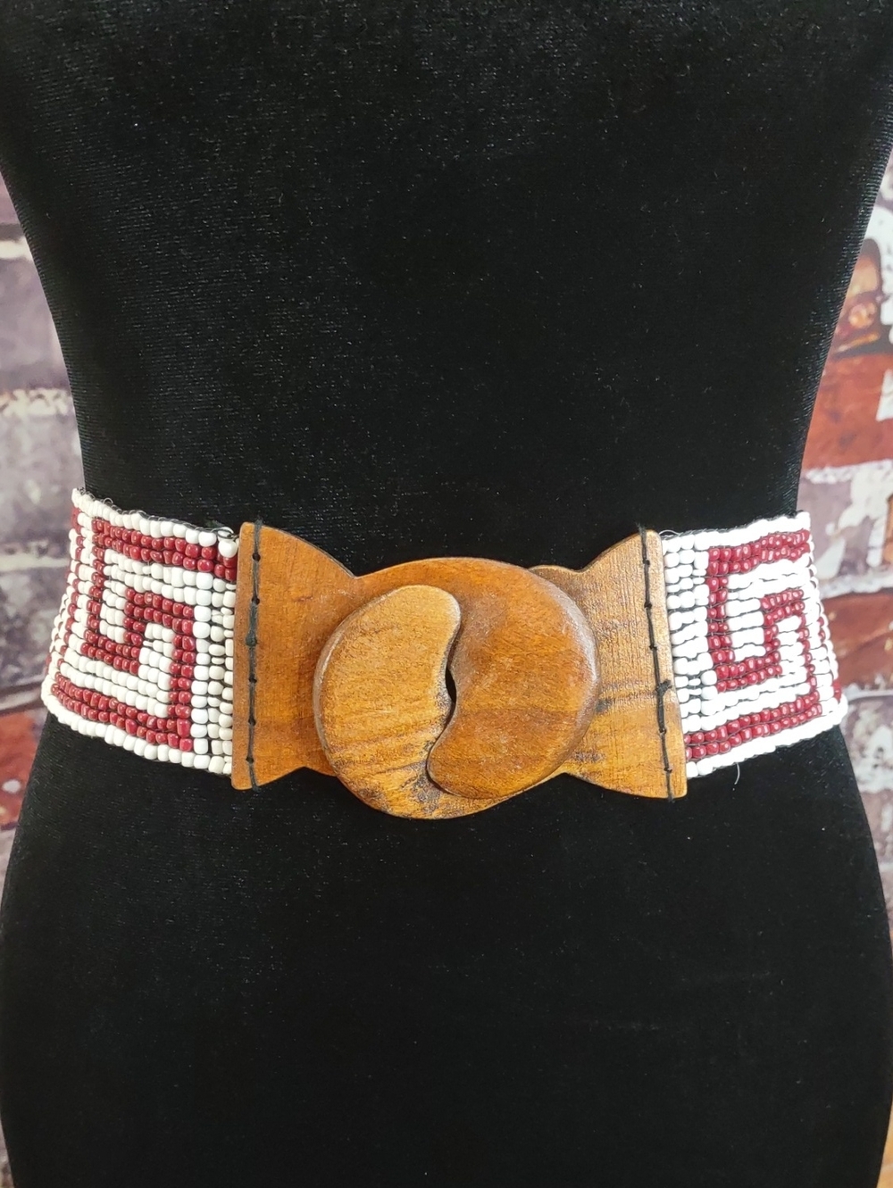 Artisan Crafted Beaded Stretch Belt With Wooden Buckle